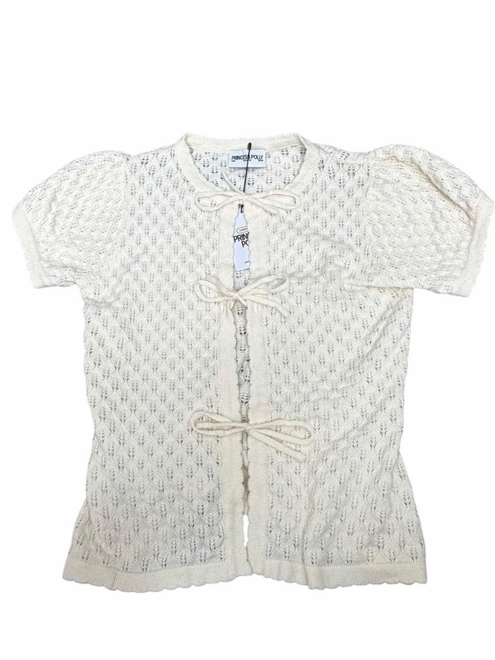Princess Polly Cream Knit Tie-Front Short Sleeve Cardigan Top